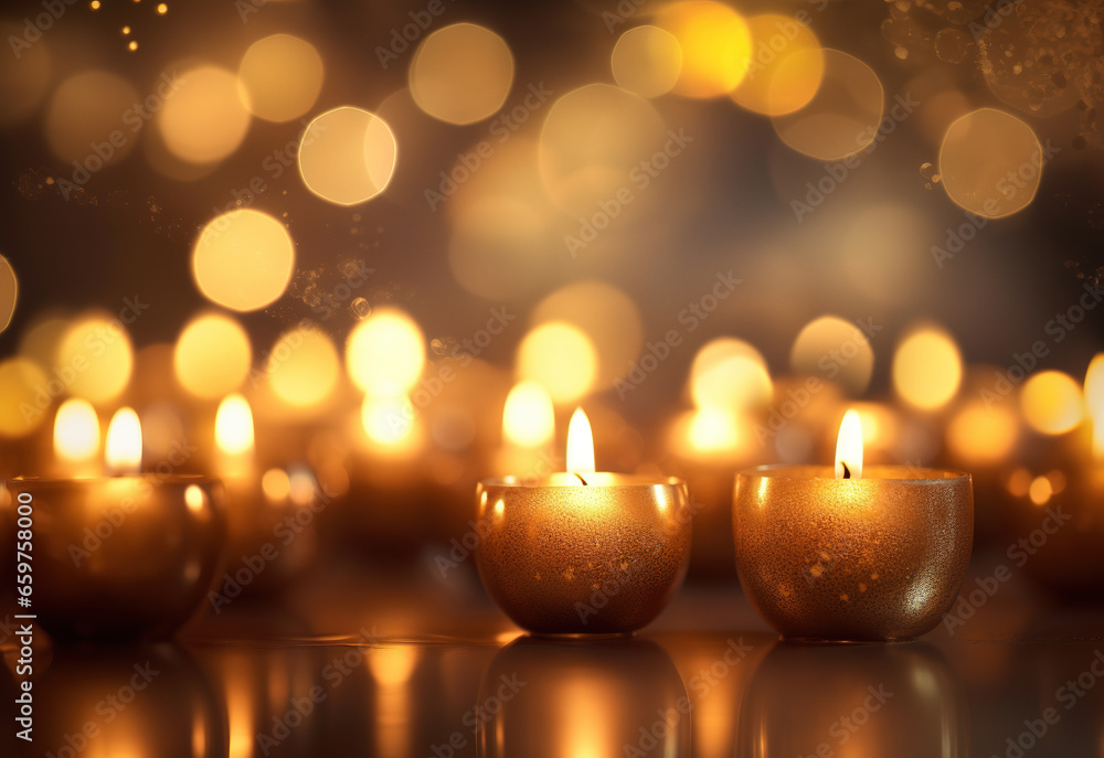 Beautiful lit candles and defocused bokeh background in golden colors