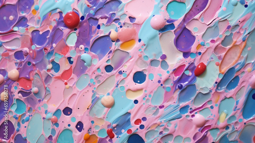 an abstract pattern of pink and blue paint, confetti-like dots, light purple, and light emerald