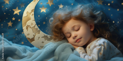 a sleeping child and the moon in the night sky