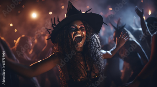 a girl in a witch hat in the dance club photo