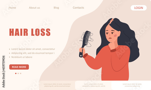 Hair loss concept. Landing page template. Sad woman with alopecia. Baldness disease and problems of the scalp. Unhappy female character with hair brush. Vector illustration in flat cartoon style.