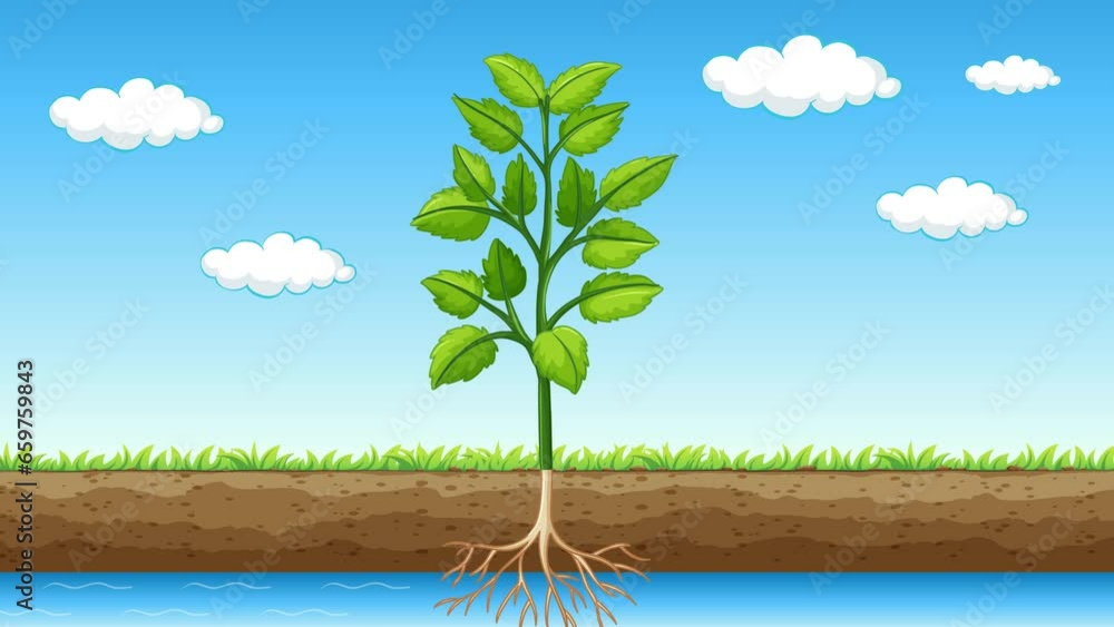 Science education animation of a plant in nature, obtaining water and nutrition from the soil