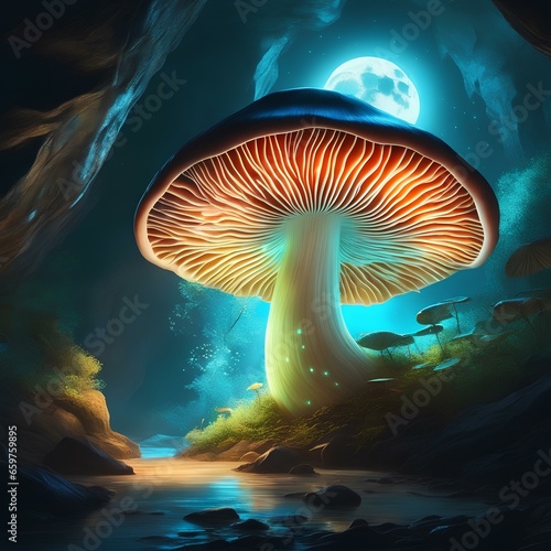 image of a bioluminescent mushroom in a hidden cave | magic mushroom in the forest | magic mushroom in the woods