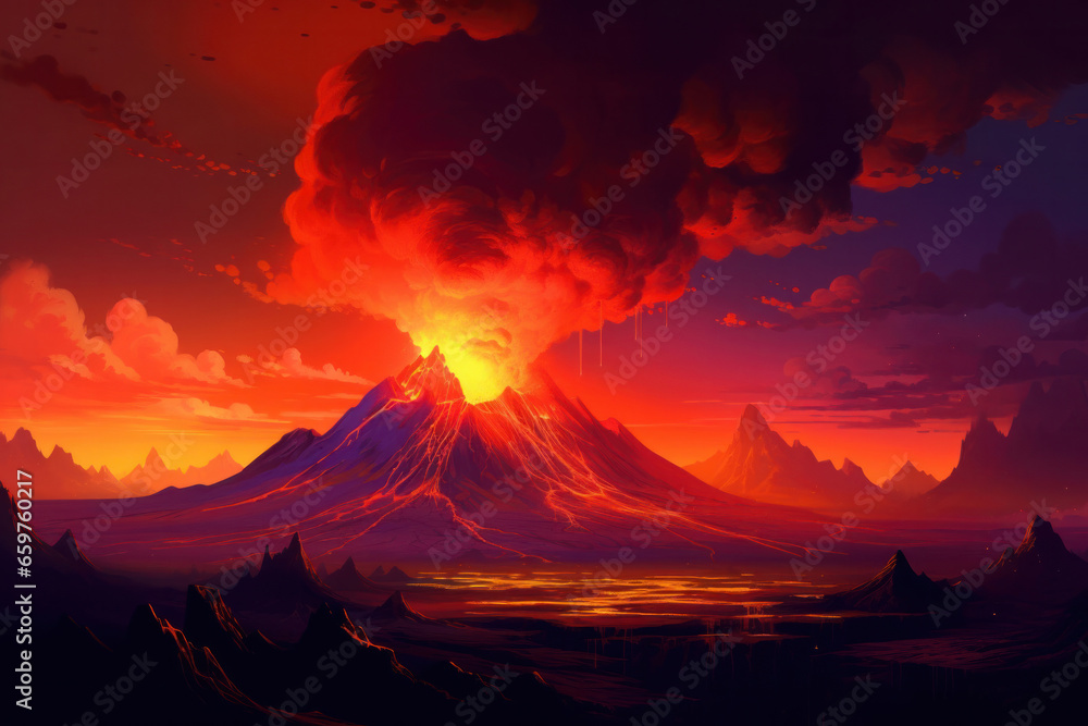 A dramatic volcanic eruption from a massive volcano with flowing lava and clouds of smoke.
