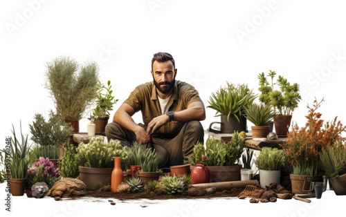 A Man Dedicating Time to the Art of Gardening Cultivating Greenery Isolated on Transparent Background PNG.