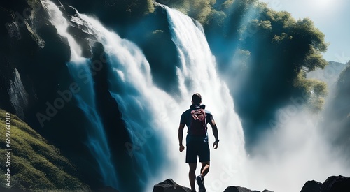 image of athlete on the mountain | waterfall in the mountains | person on the waterfall | man on the waterfall