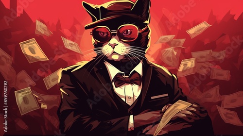Cool rich successful hipster cat with sunglasses and cash money on red background. photo