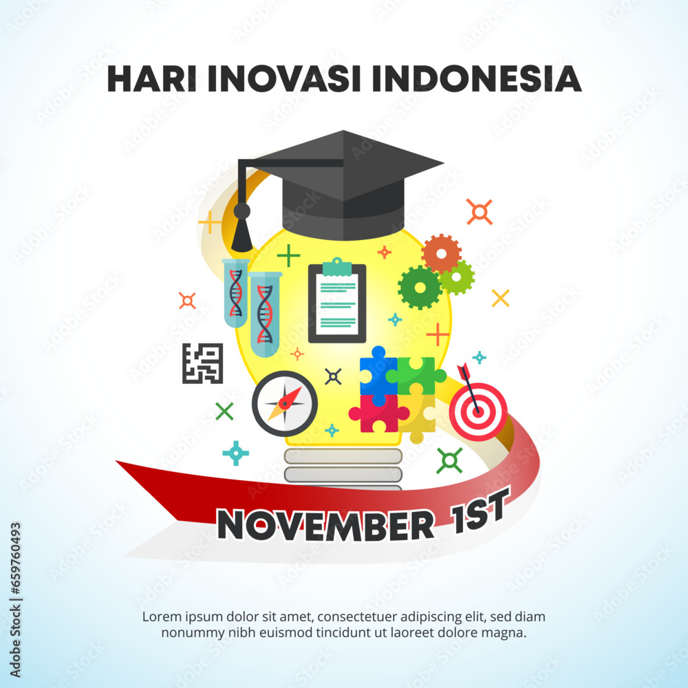 Square Hari Inovasi Indonesia or Indonesian Innovation Day background with bulb idea and flag