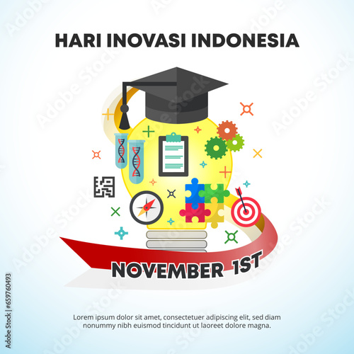 Square Hari Inovasi Indonesia or Indonesian Innovation Day background with bulb idea and flag photo