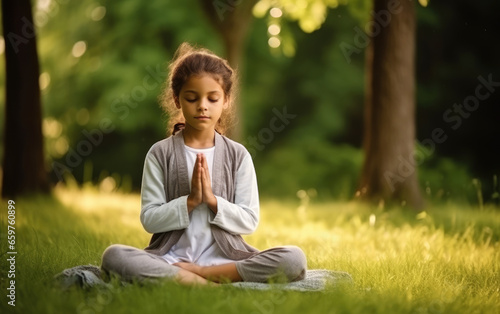 Little girl meditating on t...