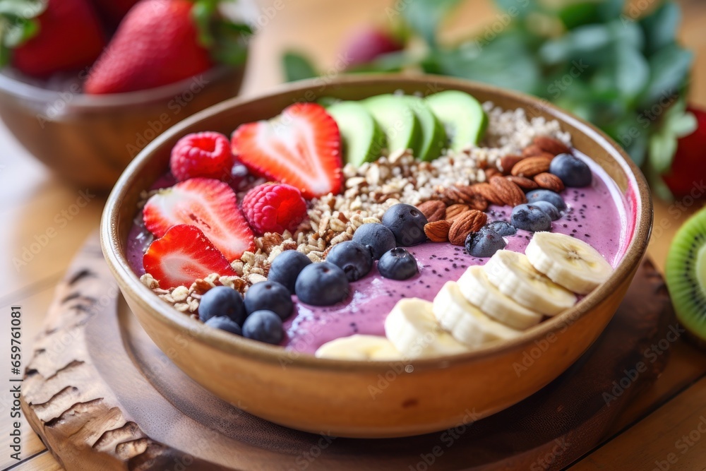 A bowl filled with a variety of fresh fruits and nuts placed on top of a rustic wooden table. A bowl filled with a variety of fresh fruits and nuts placed on top of a rustic wooden table.