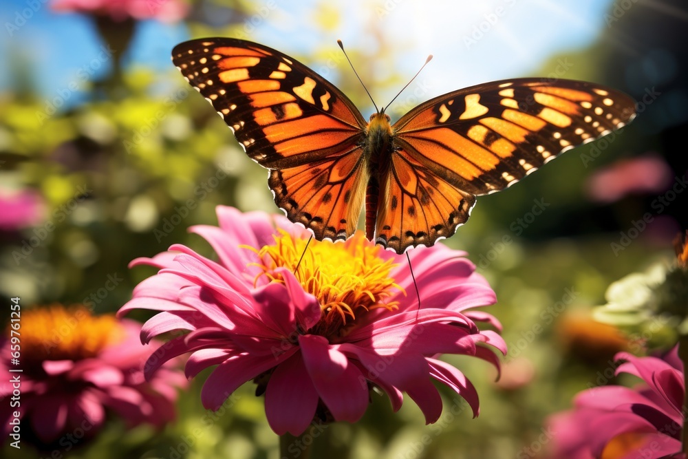 A beautiful butterfly perched on top of a vibrant pink flower. This image captures the delicate beauty of nature and can be used to add a touch of elegance to any project. A beautiful butterfly perched on top of a vibrant pink flower. This image captures the delicate beauty of nature and can be used to add a touch of elegance to any project.