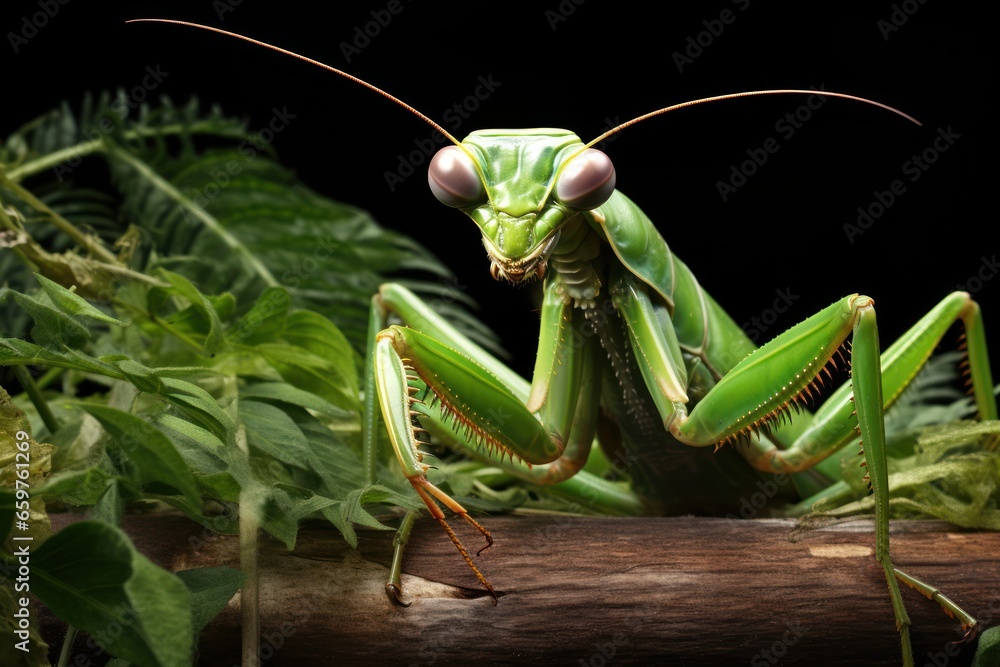 A close-up photograph of a praying mantis perched on a branch.