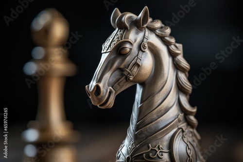A close up of a statue of a horse on a chess board. This image can be used to depict strategy, competition, or a love for the game of chess. photo