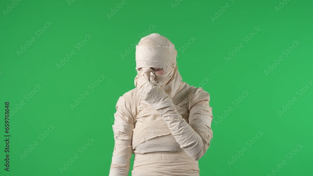 Green screen isolated chroma key photo capturing a mummy holding its nose, squinting and turning away as if it's stinky. Green screen isolated chroma key photo capturing a mummy holding its nose, squinting and turning away as if it's stinky.
