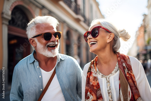 Happy senior retired couple having fun walking on city street - Two older tourists enjoying together weekend summer vacation - Life style, tourism and romantic moments concept