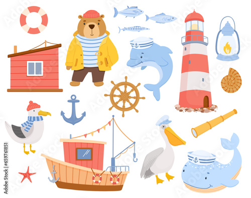 Vector childish cute nautical illustrations set isolated on white background.