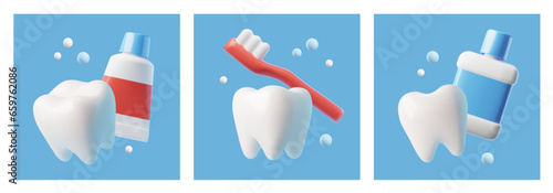 Set of squared banners with teeth and tools for cleaning 3D style
