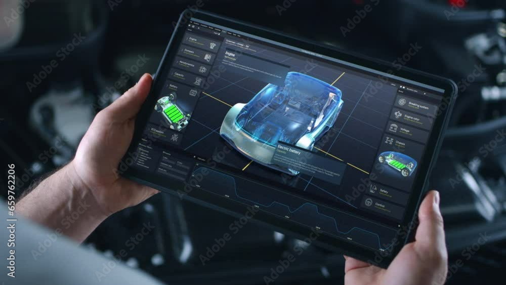 Automotive engineer holds digital tablet computer with simulation of real-time car diagnostics displayed on screen. 3D graphics visualization of professional software with 3D virtual electric vehicle