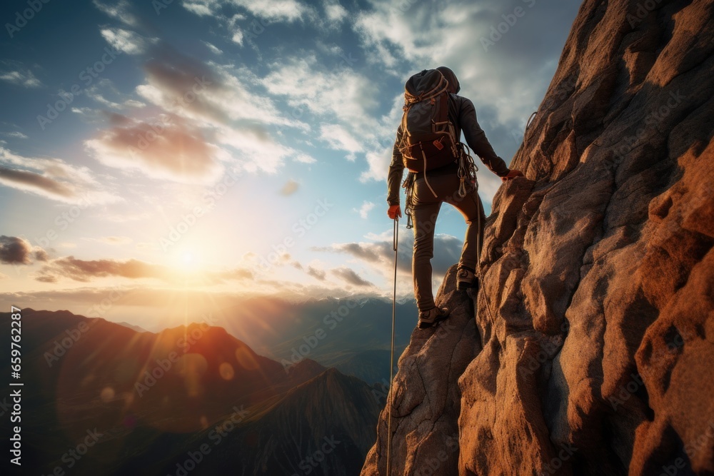 A man stands triumphantly on the summit of a rocky mountain, showcasing the grandeur of nature's beauty. Perfect for adventure, exploration, and success themes.