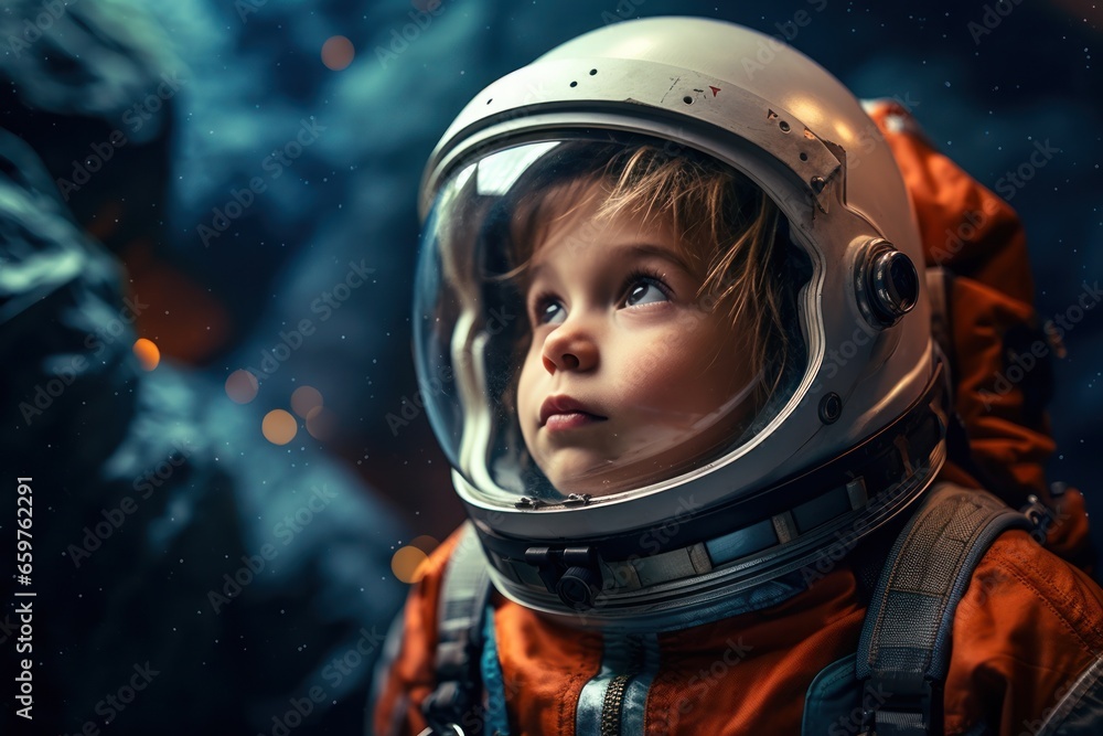 A young child is pictured wearing a space suit and helmet. This image can be used to depict a child's fascination with space exploration or as a representation of a future astronaut. A young child is pictured wearing a space suit and helmet. This image can be used to depict a child's fascination with space exploration or as a representation of a future astronaut.