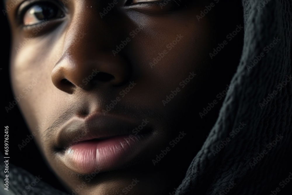 A close-up shot of a person wearing a hoodie. This versatile image can be used to depict anonymity, urban fashion, street style, or a mysterious character. A close-up shot of a person wearing a hoodie. This versatile image can be used to depict anonymity, urban fashion, street style, or a mysterious character.