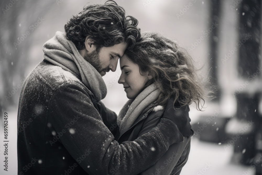 A heartwarming image of a man and a woman embracing in the snow. Perfect for romantic and winter-themed projects. A heartwarming image of a man and a woman embracing in the snow. Perfect for romantic and winter-themed projects.
