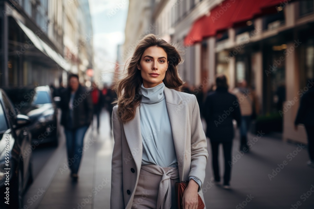 A woman is walking down a busy street. This image can be used to depict urban life or a cityscape.