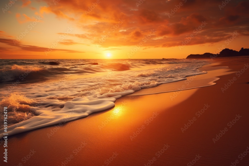 A beautiful sunset over the water on the beach. 