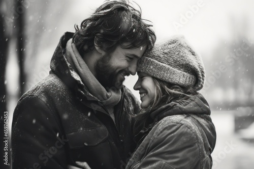 A black and white photo of a man and a woman standing together in the snow. This picture can be used to depict love, winter season, couple, or outdoor activities.
