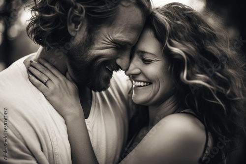 A classic black and white photo capturing a man and a woman together. 