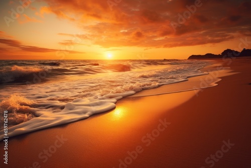 A beautiful sunset over the water on the beach. 