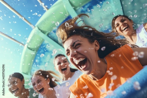 A group of people enjoying a thrilling ride down a water slide. Perfect for illustrating fun and excitement at water parks or summer activities.