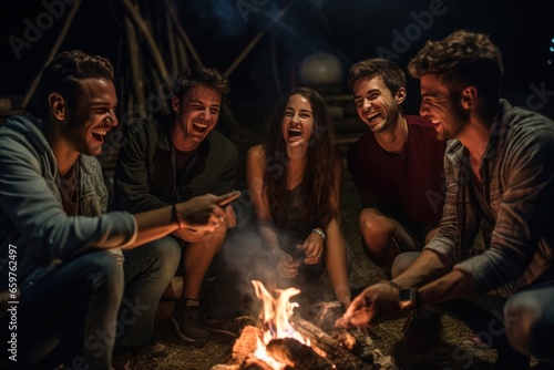 A group of people gathered around a campfire, enjoying a cozy evening outdoors. Perfect for illustrating camping, friendship, and leisure activities.