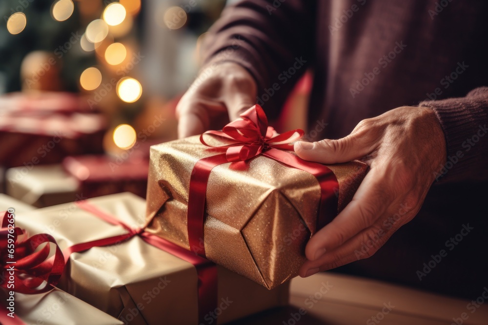A person holding a wrapped gift in front of a beautifully decorated Christmas tree. This image can be used to depict the joy and excitement of giving and receiving gifts during the holiday season. A person holding a wrapped gift in front of a beautifully decorated Christmas tree. This image can be used to depict the joy and excitement of giving and receiving gifts during the holiday season.