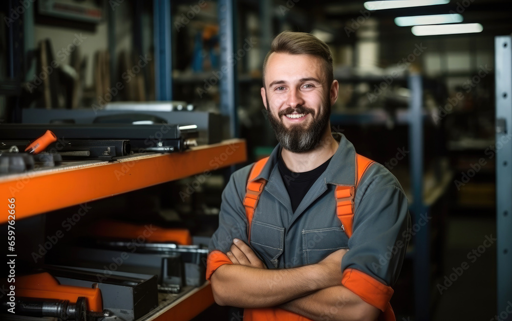 A handsome young maintenance worker with a beard stands and smiles looking at the camera A handsome young maintenance worker with a beard stands and smiles looking at the camera