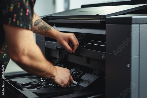 A man is seen putting a printer into a drawer. This image can be used to depict organization and storage of office equipment.