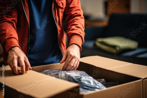A man is shown in the process of opening a box. This versatile image can be used to represent curiosity, surprise, or the act of receiving a package. photo