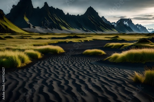 Gorgeous landscape with black sand desert dunes and grassy bumps near famous Stokksnes mountains