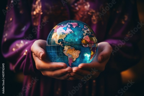 A person is shown holding a globe in their hands. This image can be used to represent concepts such as global connectivity, environmental awareness, or travel.