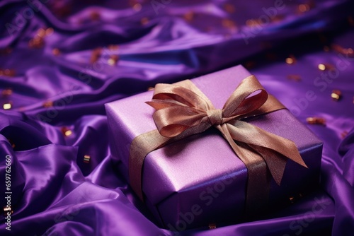 A purple gift box with a brown ribbon. Perfect for birthdays, anniversaries, or any special occasion. Can be used as a present or for decoration.