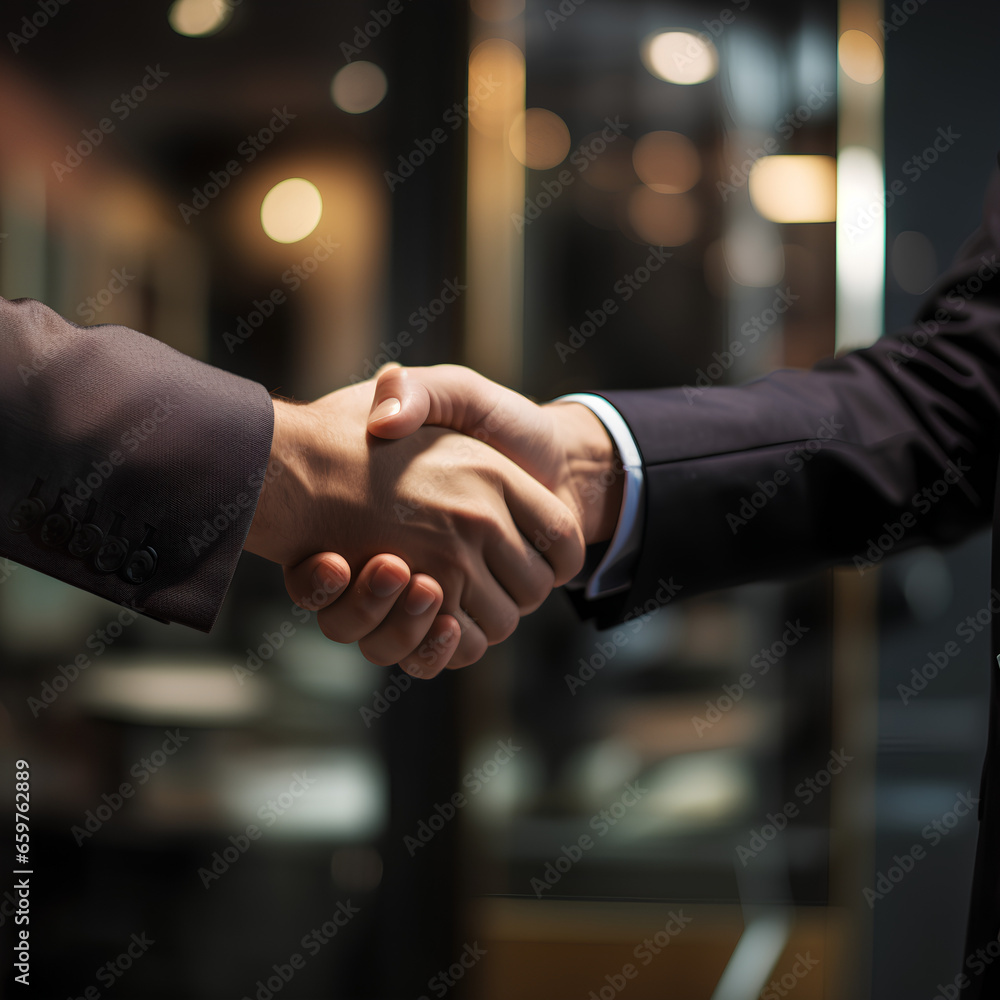 Two men shake hands after a business deal has been finalized. A sign indicates that a successful contract has been made. Generative AI Two men shake hands after a business deal has been finalized. A sign indicates that a successful contract has been made. Generative AI