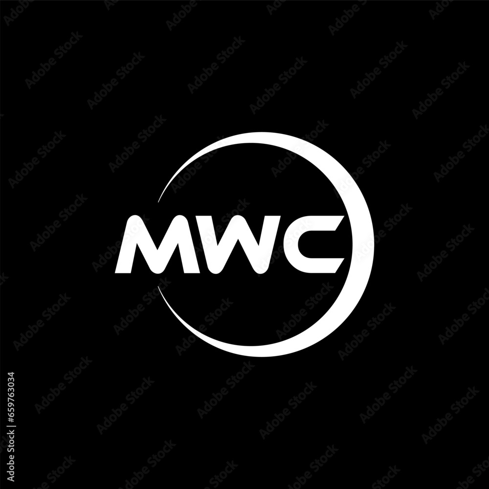 MWC letter logo design with black background in illustrator, cube logo, vector logo, modern alphabet font overlap style. calligraphy designs for logo, Poster, Invitation, etc.