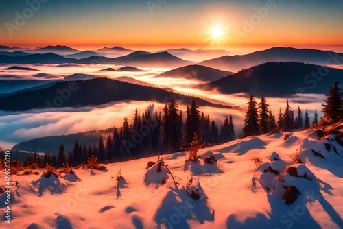 Bright saturated colors dawn above the sea of fog over the tops of the Carpathian is fabulously beautiful panoramic view, illuminated by the golden rays of the rising sun early in the morning