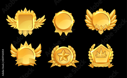 Award level up golden medal icons set of realistic vector illustration isolated.