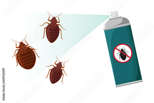 Vector illustration of bedbugs spray. Bed bug invasion
