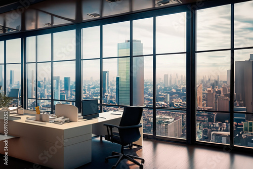 Simulation of an office from the top of a building with a view of the city.