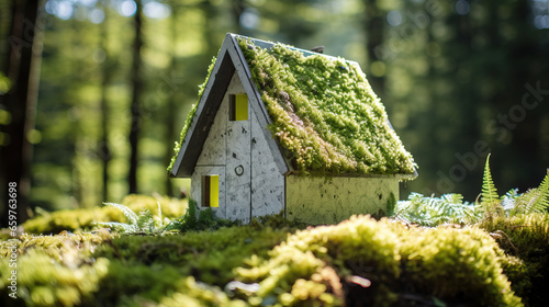 An eco-friendly house, a paper home half-covered in moss, sits on the grass in a garden