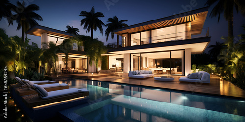 A modern house with a pool in the middle of the night.,,,, Modern Home and Pool by Moonlight