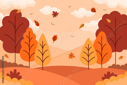 Autumn season landscape background design with leaves for banner or presentation
